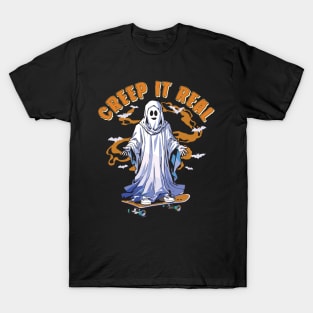 Creep It Real Skateboarding Ghost Retro Halloween Costume T-Shirt